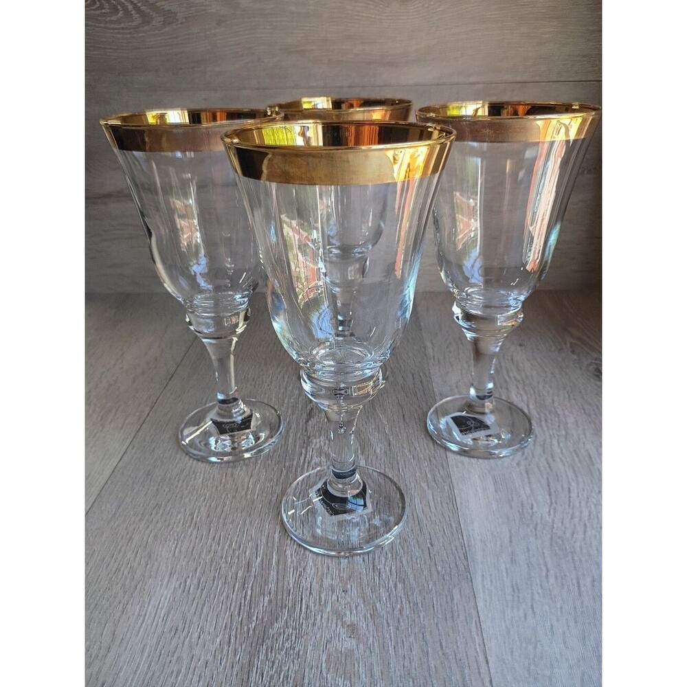 4 Vintage Turkish Crystal Glass Goblets Gold Trim Circleware Pasabahce